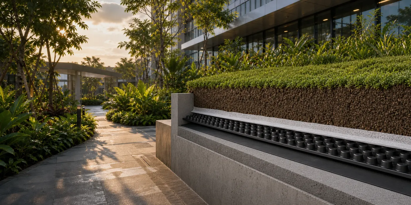 Green roof layers above a waterproofed roof deck