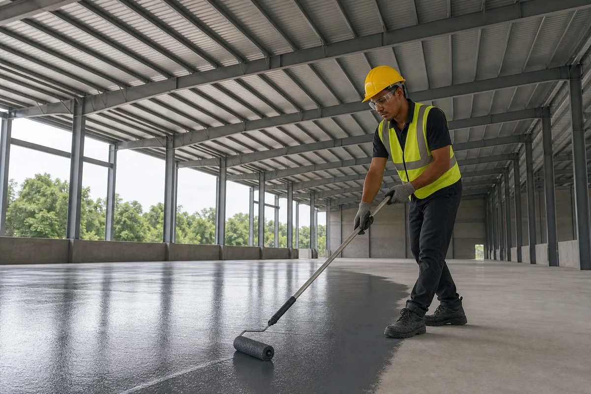 Construction worker applying industrial flooring beneath an installed metal roof